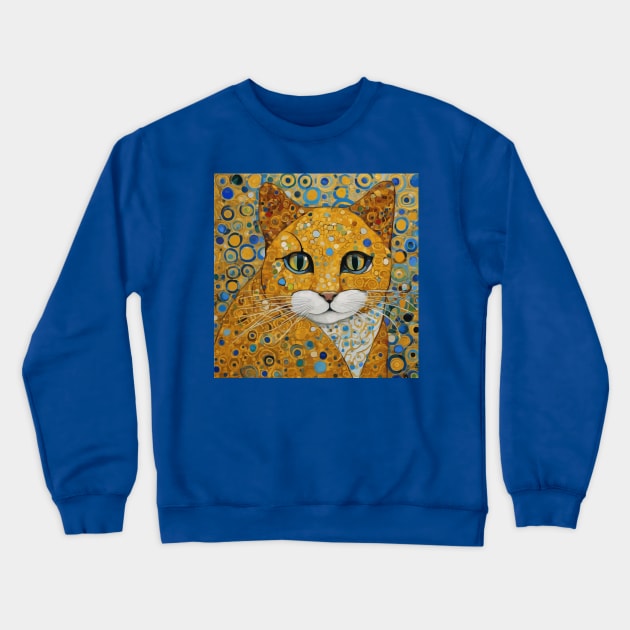 Blue and Gold Klimt Tabby Cat with White Trim Crewneck Sweatshirt by bragova